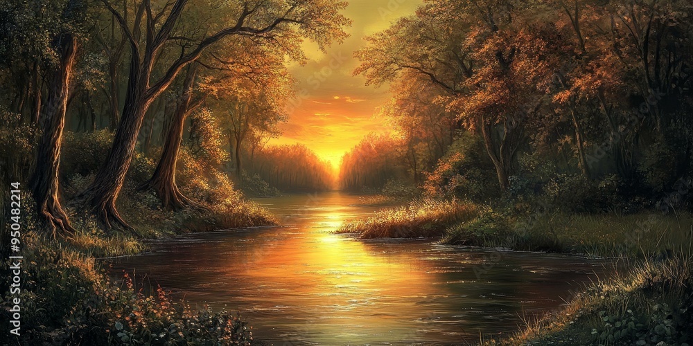 Obraz premium Sunset over a river flowing through a forest.