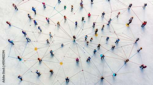 Aerial shot of people standing on a large surface, connected by colorful lines, representing social connections and networking.	