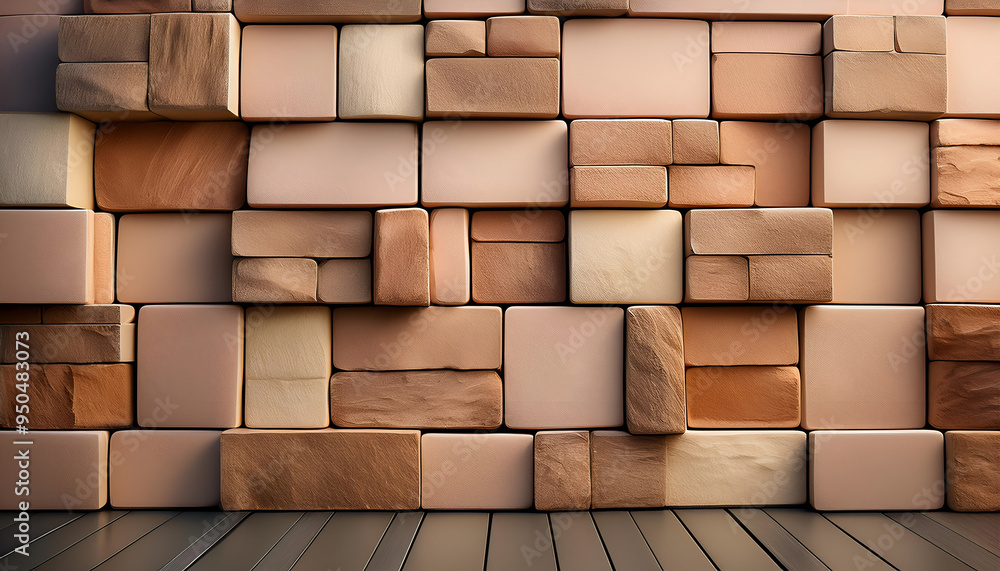 A textured wall made of bricks in various shades of beige and brown with a wooden floor beneath it A textured wall made of bricks in various shades of beige and brown with a wooden floor beneath it