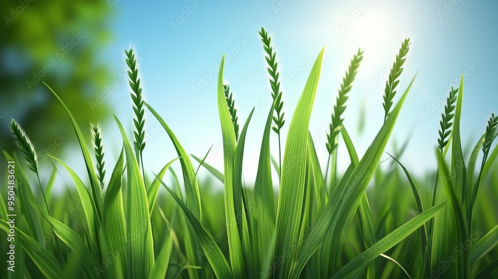 Fototapeta premium Close-up of vibrant green grass blades against a bright blue sky.
