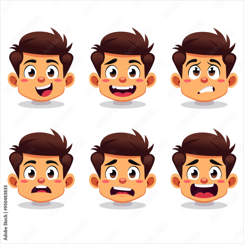 Set of boy head with different facial expression