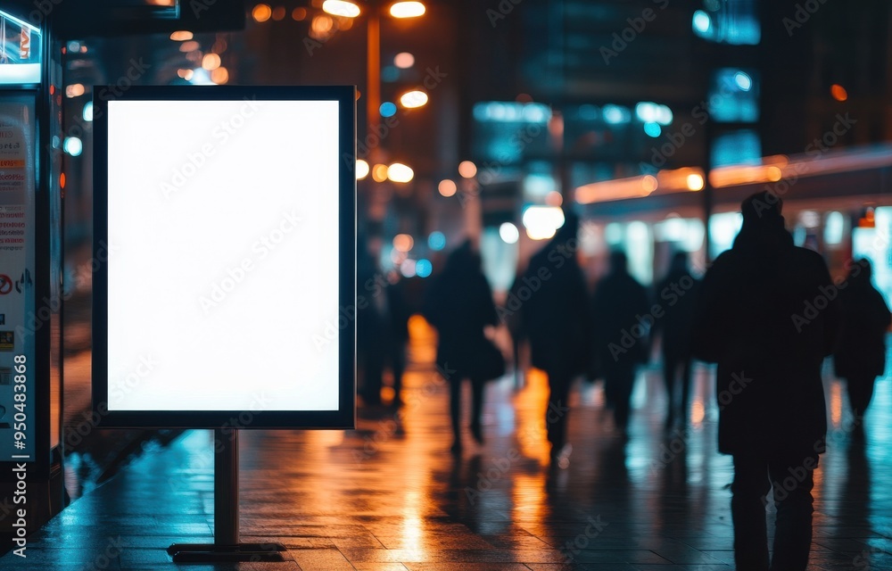 A blank, illuminated billboard stands on a wet city street at night, with blurred figures and city lights in the background. A blank, illuminated billboard stands on a wet city street at night, with blurred figures and city lights in the background.