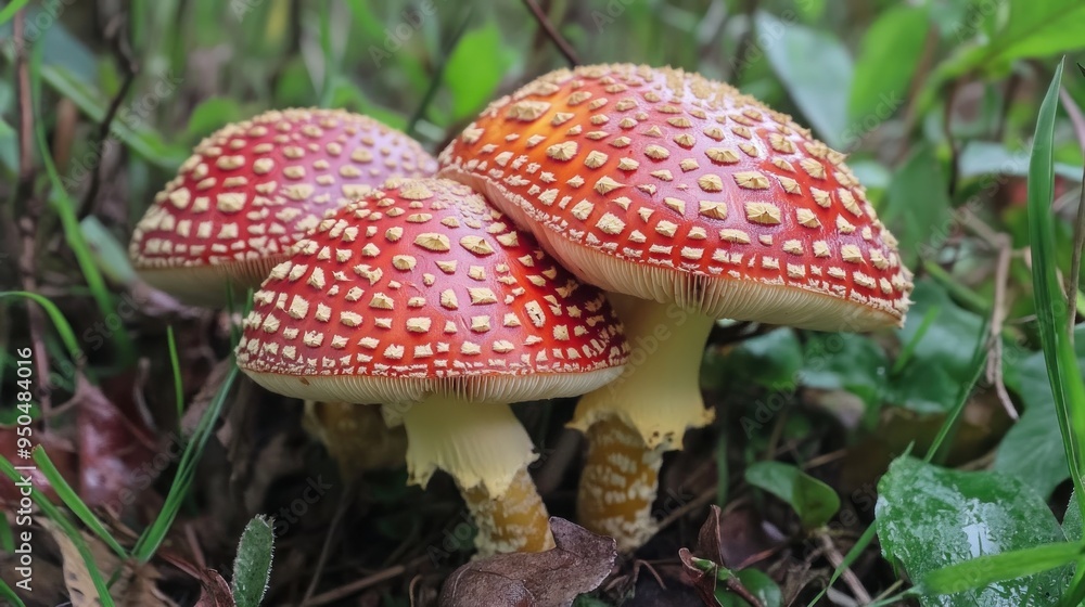 Red and White Toadstools Cluster in Green Undergrowth Red and White Toadstools Cluster in Green Undergrowth