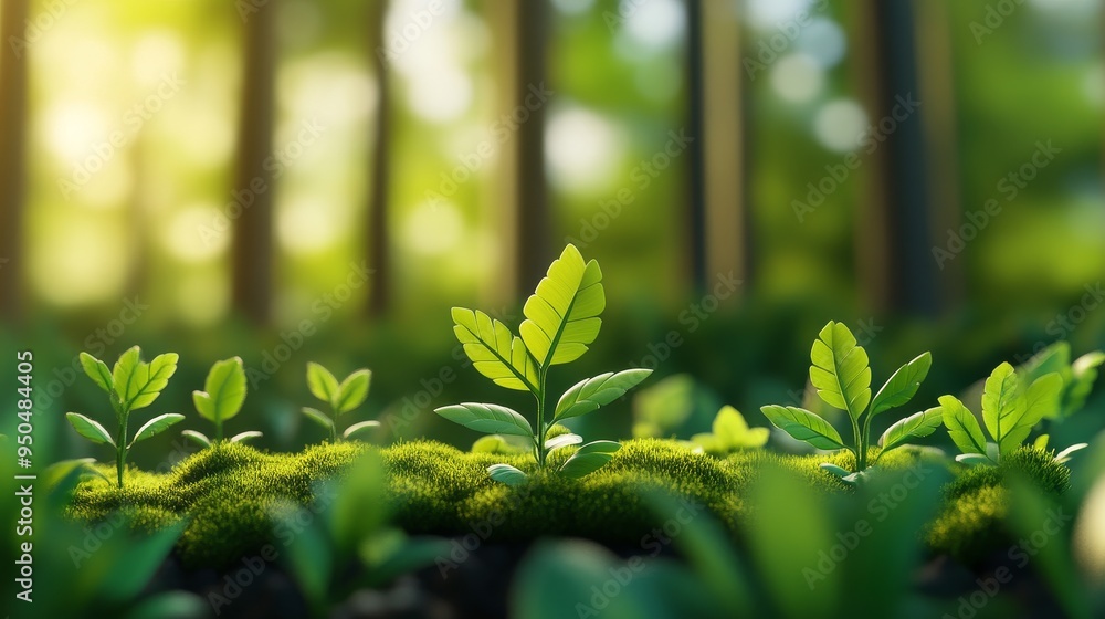 Green saplings sprout in a mossy forest floor, bathed in warm sunlight. The image represents growth, renewal, and the beauty of nature. Green saplings sprout in a mossy forest floor, bathed in warm sunlight. The image represents growth, renewal, and the beauty of nature.