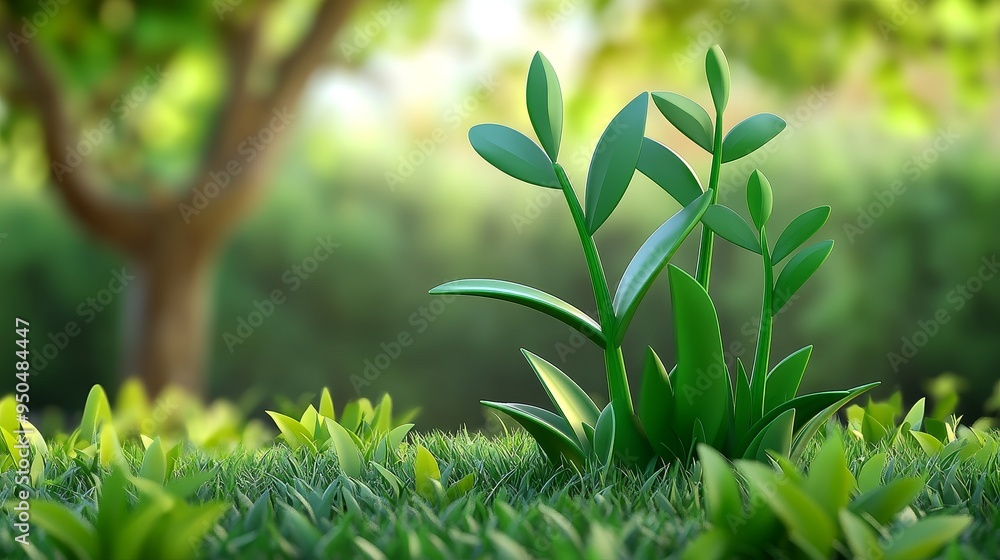 Obraz premium Green shoots emerge from lush grass in a vibrant forest setting. Sunlight filters through the leaves, creating a warm, inviting atmosphere.