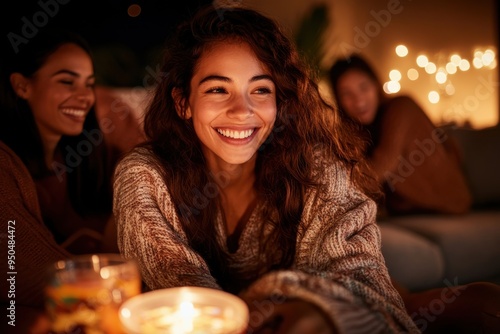 A group of women delighting in a warm evening, sitting near candlelights and enjoying each other's presence. The scene is beautifully composed and warmly lit.