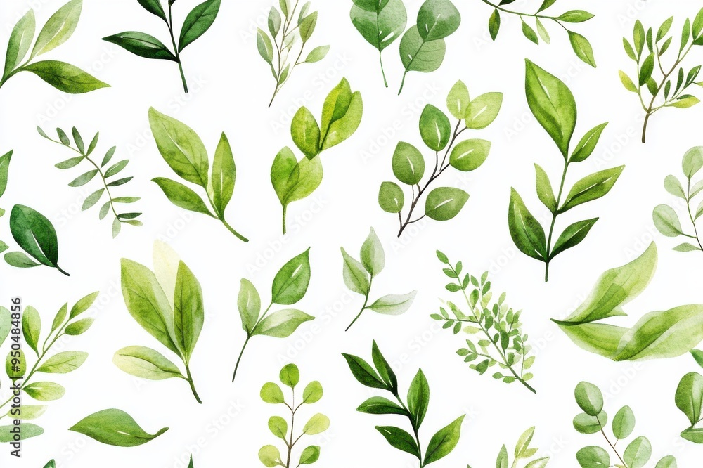 A seamless pattern featuring watercolor green leaves on a white background, used for nature designs and backgrounds. A seamless pattern featuring watercolor green leaves on a white background, used for nature designs and backgrounds.