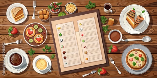 Stylized illustration of a modern restaurant menu template featuring dishes, drinks, and desserts on a wooden table, ready for customization and commercial use. photo