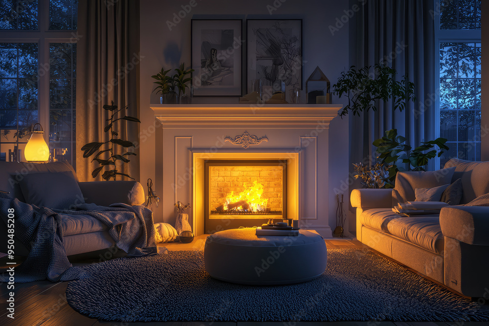 Embrace Warmth: A Cozy Living Room with a Fireplace Illuminating Comfort and Serenity at Twilight Embrace Warmth: A Cozy Living Room with a Fireplace Illuminating Comfort and Serenity at Twilight