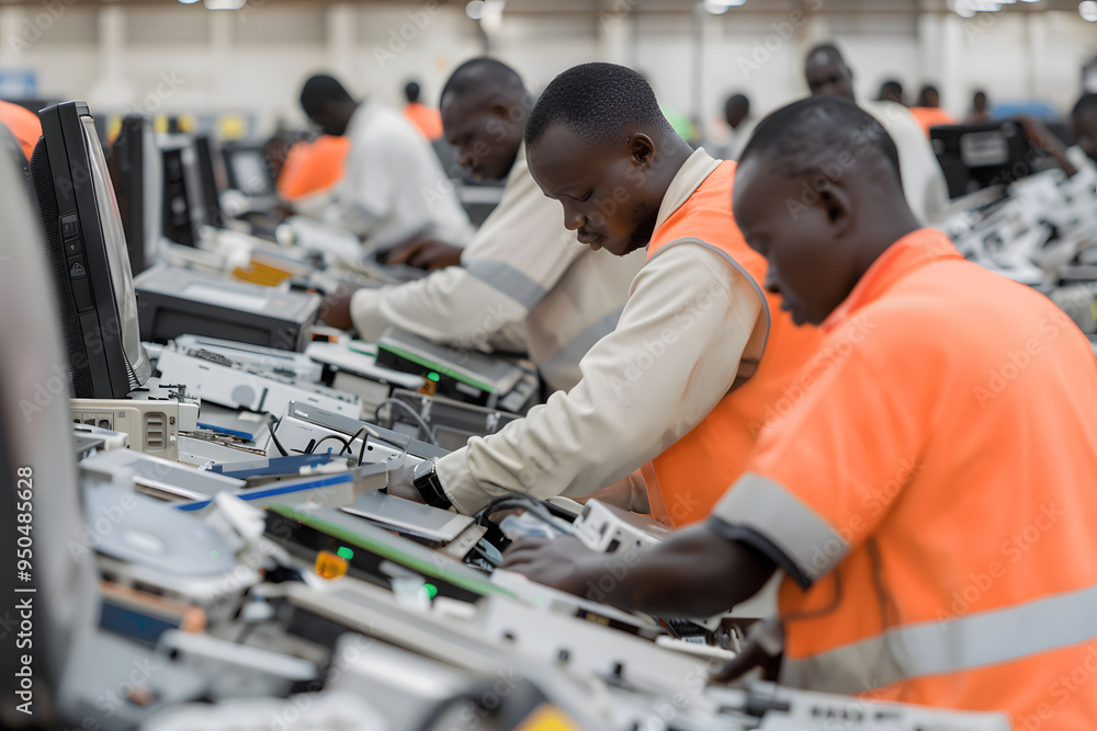 Fototapeta premium worker sorts and disassembles used electronics at an e-waste recycling plant.