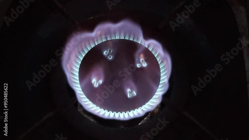Close-up of a blue gas flame burning on a stovetop.