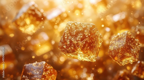 dynamic composition of golden caramel cubes suspended in midair rich glossy textures and varying angles create a mouthwatering display of confectionery artistry photo