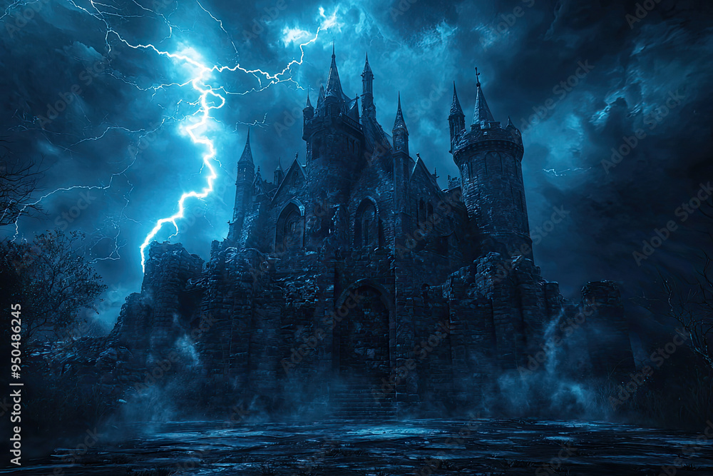 A Dark and Stormy Night: Lightning Strikes Over an Enigmatic Castle, Evoking Mystery and Intrigue in a Fantastic Landscape. A Dark and Stormy Night: Lightning Strikes Over an Enigmatic Castle, Evoking Mystery and Intrigue in a Fantastic Landscape.