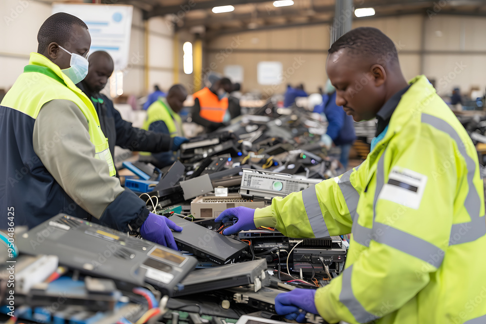worker sorts and disassembles used electronics at an e-waste recycling plant. worker sorts and disassembles used electronics at an e-waste recycling plant.