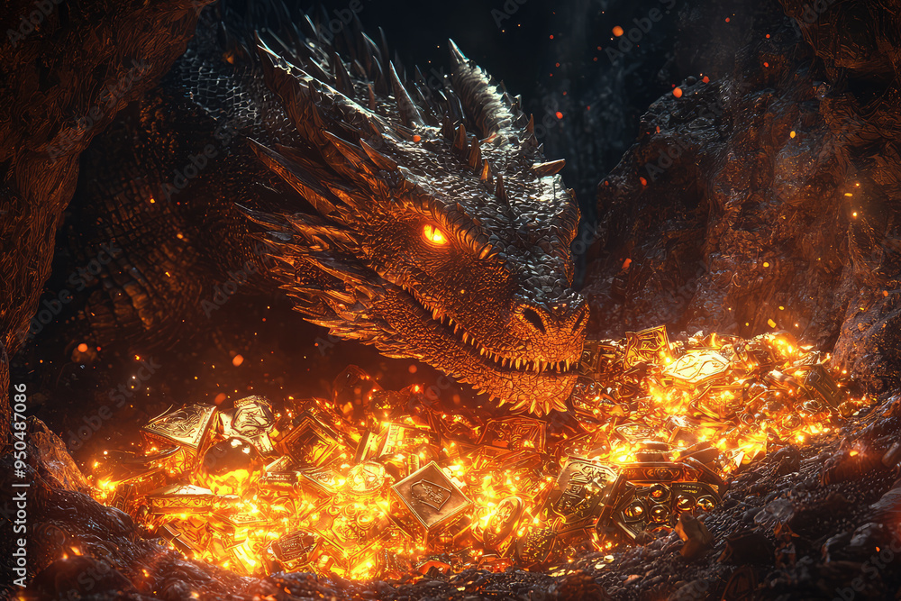 A fierce dragon defends its gleaming treasure hoard, radiating power and menace in a dark, fiery cavern filled with gold. A fierce dragon defends its gleaming treasure hoard, radiating power and menace in a dark, fiery cavern filled with gold.