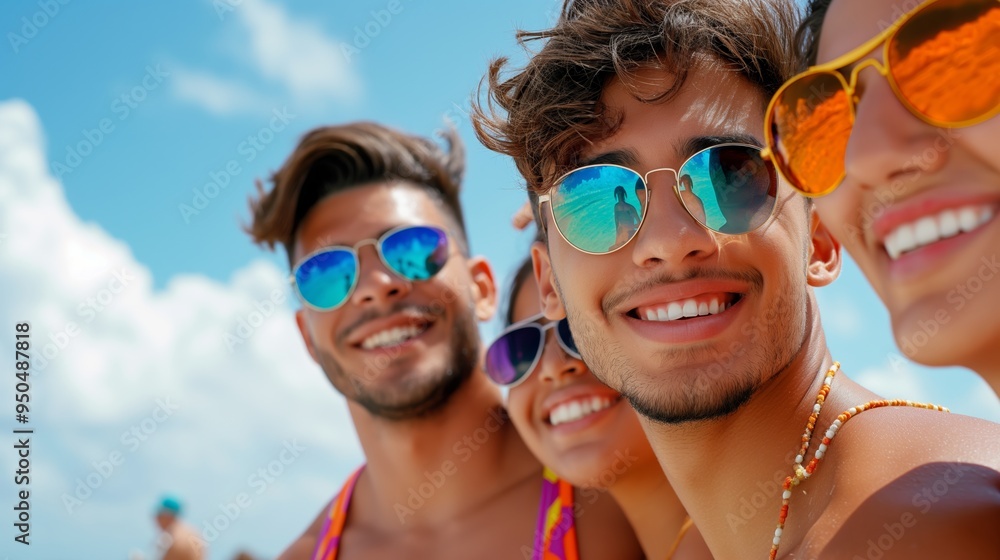 A group of people wearing sunglasses and smiling for a photo. Scene is happy and carefree A group of people wearing sunglasses and smiling for a photo. Scene is happy and carefree