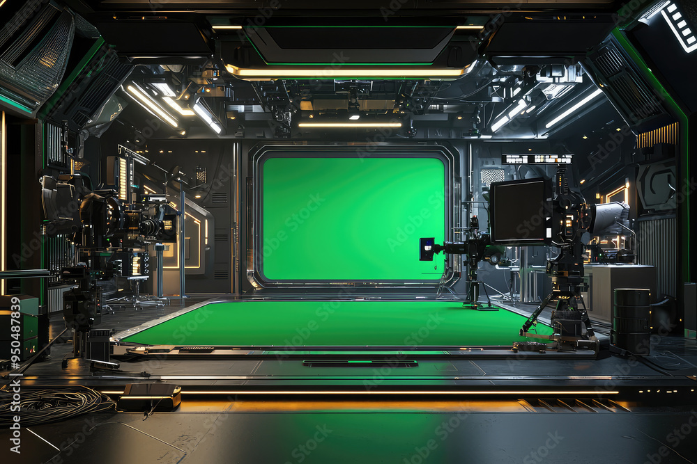 Fototapeta premium Explore the Heart of Cinematic Creativity: A Sleek, High-Tech Film Production Studio with Vibrant Green Screen and Equipment