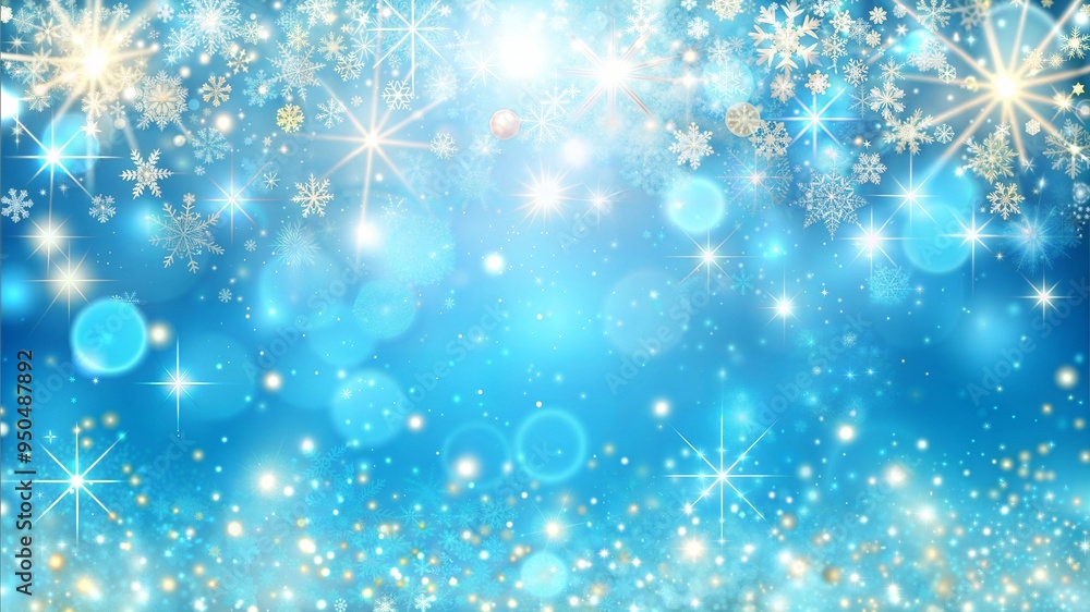 Sparkling Snowflakes and Stars on a Bright Blue Holiday Background with Copy Space Sparkling Snowflakes and Stars on a Bright Blue Holiday Background with Copy Space