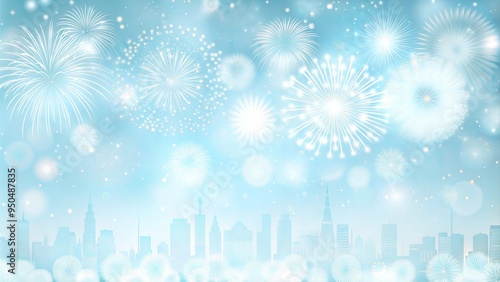 Fireworks Over a City Skyline on a Soft Blue Background with Copy Space