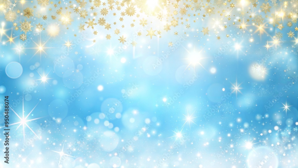 Golden Snowflakes and Sparkling Stars on a Blue Winter Background with Copy Space Golden Snowflakes and Sparkling Stars on a Blue Winter Background with Copy Space