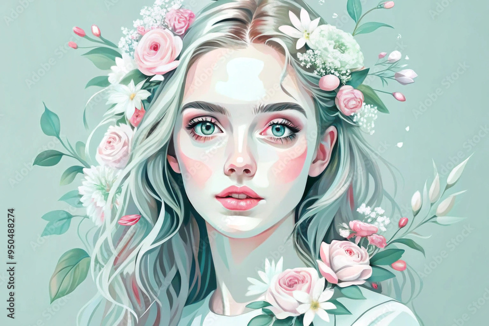 Portrait of a young woman with flowers, AI Generation Portrait of a young woman with flowers, AI Generation