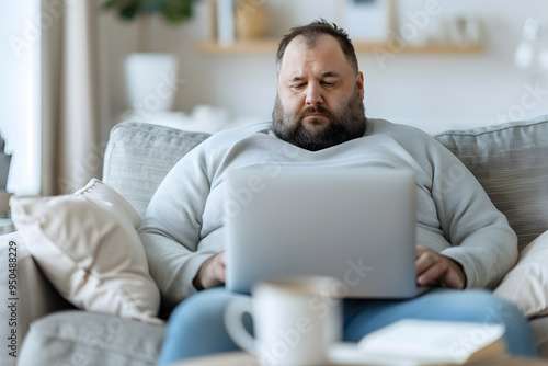 Overweight businessman working on laptop