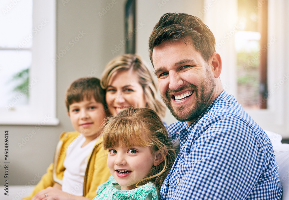 Family, portrait and happy in house for relax, bonding and support with parents, love and care. Mom, dad and children in living room for comfort, relationship and embrace together on weekend on sofa Family, portrait and happy in house for relax, bonding and support with parents, love and care. Mom, dad and children in living room for comfort, relationship and embrace together on weekend on sofa
