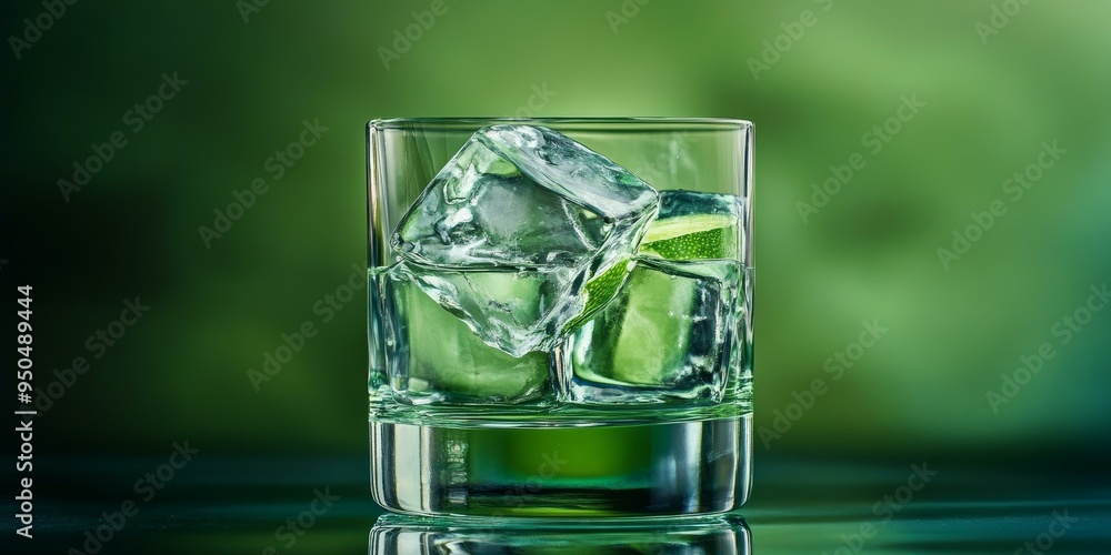 Ice cubes in a glass with a lime wedge. Ice cubes in a glass with a lime wedge.