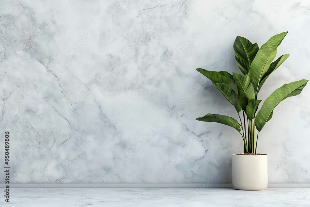 Single potted plant against a marble wall background. Single potted plant against a marble wall background.