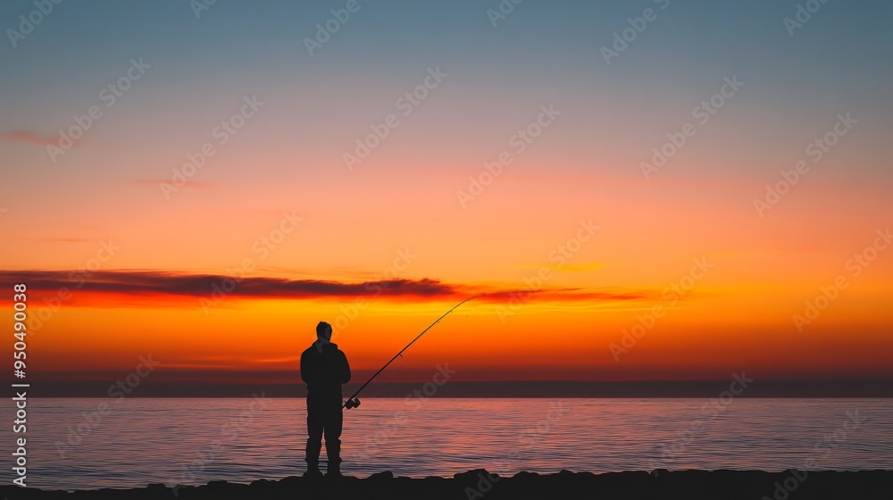 Fototapeta premium A lone fisherman stands on the seashore, his rod cast against the backdrop of a vibrant sunset. He patiently awaits a bite, his silhouette a solitary figure against the fading light.