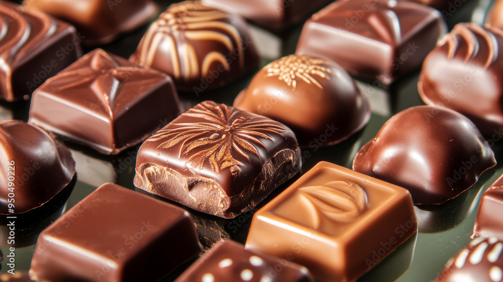 Fototapeta premium artisan chocolates with unique designs and fillings arranged carefully on a reflective glass surface
