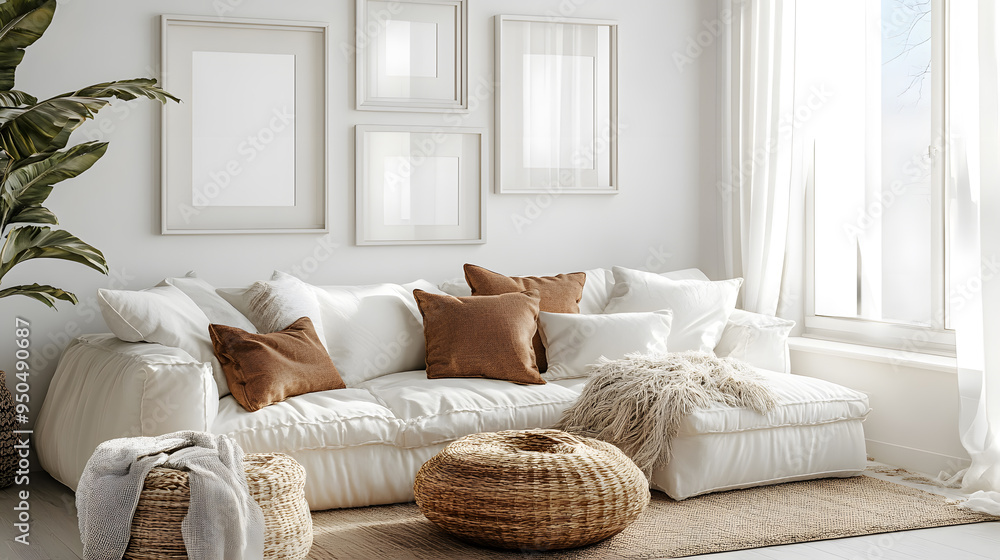 Empty picture frames on a white wall in modern living room with a modern sofa. Home staging concept mock up Empty picture frames on a white wall in modern living room with a modern sofa. Home staging concept mock up
