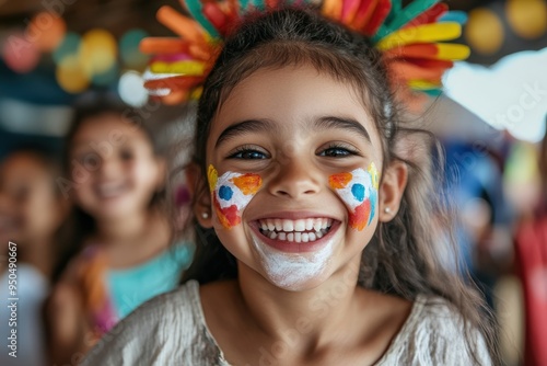 A close-up of a smiling young girl with beautiful, colorful face paint and a vibrant feather crown, exemplifying joy and creativity at a festive event filled with imaginative fun.