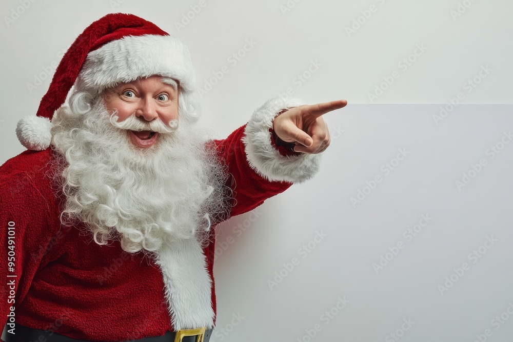 Joyful man dressed as Santa Claus cheerfully pointing while celebrating the festive season indoors during winter Joyful man dressed as Santa Claus cheerfully pointing while celebrating the festive season indoors during winter