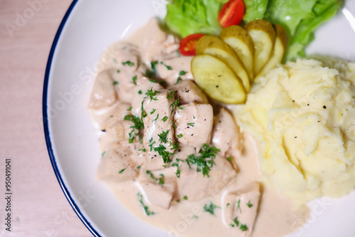 Chicken in cream sauce served with mashed potatoes and salad.