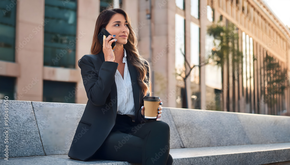A woman is sitting on a stone ledge with a laptop and a cup of coffee