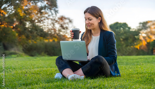 A woman is sitting on the grass with a laptop and a coffee cup