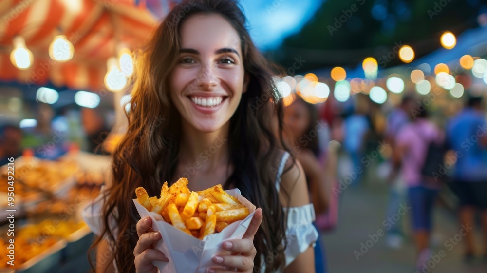 A woman is holding a bag of fries and smiling