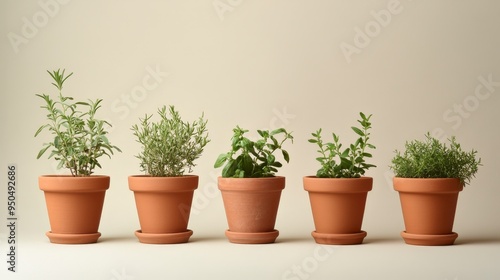 Wallpaper Mural Natural Elegance: Close-up of Stylish Terracotta Pots with Herbs and Flowers on Neutral Background Torontodigital.ca