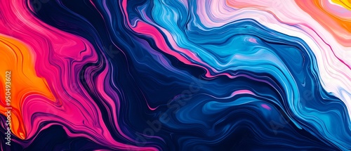 Abstract colorful fluid art background with blue, pink, orange, and white swirls.