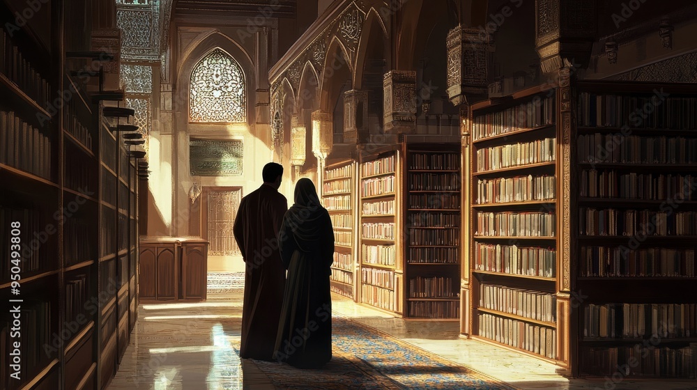 Majestic Library Interior with Silhouetted Figures Majestic Library Interior with Silhouetted Figures