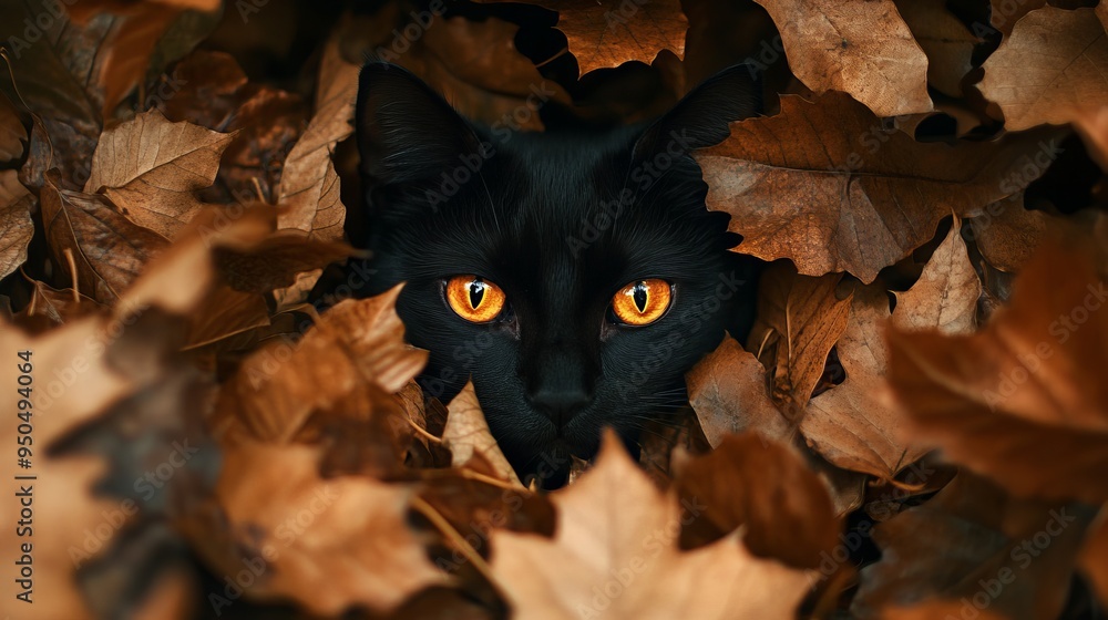 Black Cat Camouflaged in Autumn Foliage. AI generated illustration Black Cat Camouflaged in Autumn Foliage. AI generated illustration