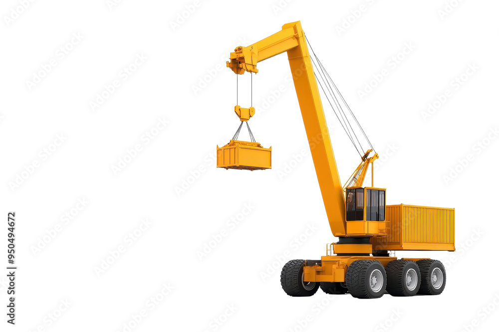 A bright yellow crane lifting a shipping container, showcasing heavy machinery in action. Perfect for construction and logistics themes. A bright yellow crane lifting a shipping container, showcasing heavy machinery in action. Perfect for construction and logistics themes.