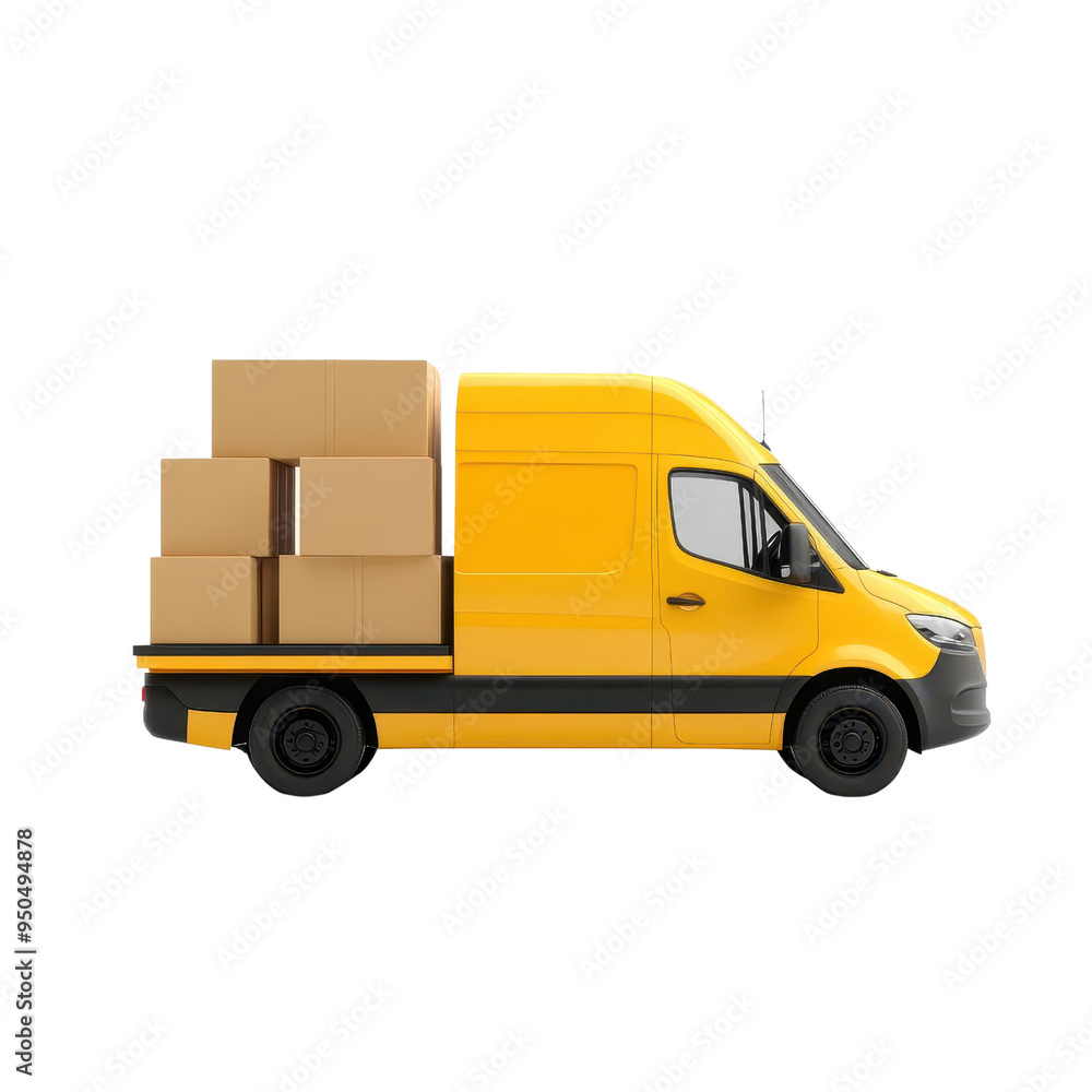 A bright yellow delivery van with stacked boxes ready for transport. Ideal for logistics, shipping, and transportation themes. A bright yellow delivery van with stacked boxes ready for transport. Ideal for logistics, shipping, and transportation themes.