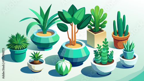 Collection of green plants in pot isolated on white background. Set realistic modern minimal design elements. 3d vector illustration. photo