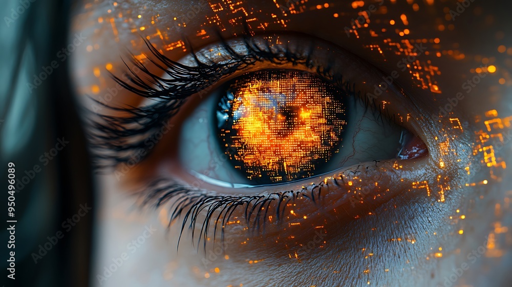 Close-up of a human eye with a glowing, digital pattern inside the pupil. Close-up of a human eye with a glowing, digital pattern inside the pupil.