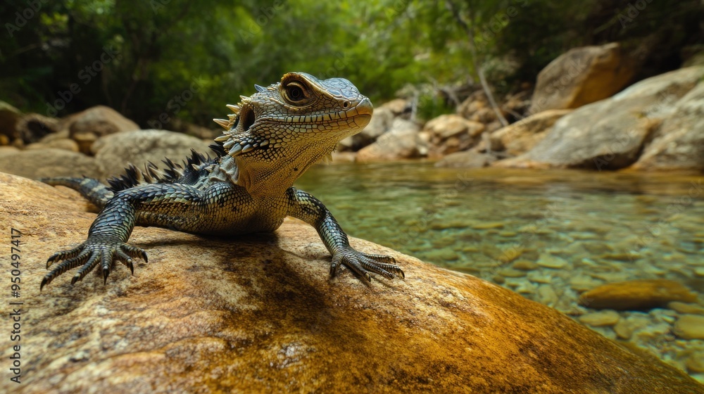 Water Dragon Perched on a Rock by a Stream Water Dragon Perched on a Rock by a Stream