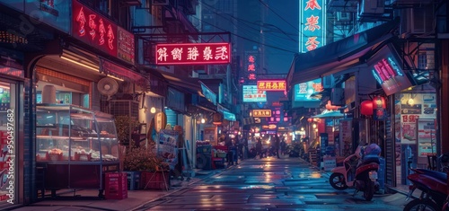 Neon Lights Illuminate a Busy Street in a Vibrant City