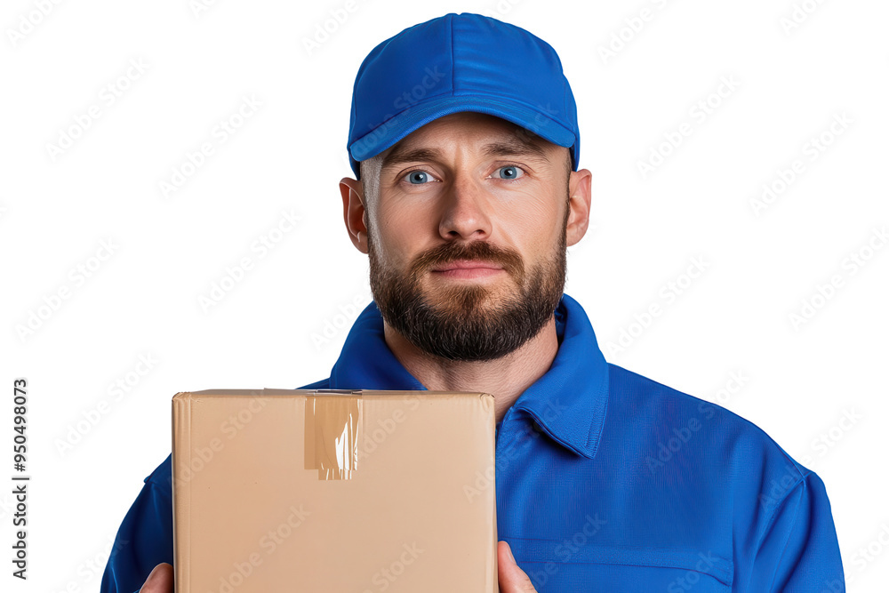 A delivery person in a blue uniform holding a cardboard box, ready to make a shipment. Professional and reliable services. A delivery person in a blue uniform holding a cardboard box, ready to make a shipment. Professional and reliable services.