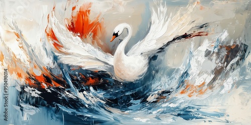 Abstract Oil Painting of a Swan in Dynamic Motion, Perfect for Nature-Themed Wall Art and Contemporary Decor, featuring Bold Brushstrokes in White, Blue, and Orange photo